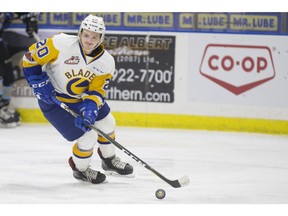 SASKATOON,SK--FEBRUARY 06 2018-0206-SPORTS-SASKATOON BLADES- Saskatoon Blades forward Gage Ramsay goes to move the puck during the game at the SaskTel Centre in Saskatoon, SK on Tuesday, February 6, 2018.