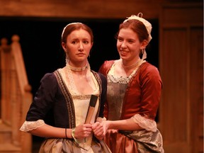 Danica Tempel as Dorinda (left) and Pieternella Kielstra as Kate Sullen (right) in The Beaux' Stratagem at Greystone Theatre.