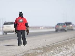 Pernell Ballantyne walks along Hwy 11 to Prince Albert on Feb. 9, 2018, to raise awareness about his sister who was murdered three years ago.