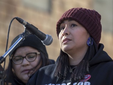Jade Tootoosis, cousin of Colten Boushie, speaks during a rally for the Boushie family at the Court of Queen's Bench in Saskatoon, SK on Saturday, February 10, 2018.