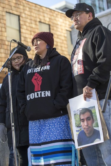 Jade Tootoosis, sister of Colten Boushie, speaks during a rally for the Boushie family at the Court of Queen's Bench in Saskatoon, SK on Saturday, February 10, 2018.