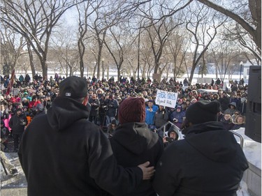 Jade Tootoosis, cousin of Colten Boushie, speaks during a rally for the Boushie family at the Court of Queen's Bench in Saskatoon, SK on Saturday, February 10, 2018.