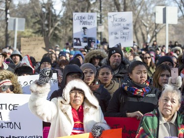 Supporters during a rally for the Boushie family at the Court of Queen's Bench in Saskatoon, SK on Saturday, February 10, 2018.