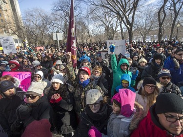 Supporters during a rally for the Boushie family at the Court of Queen's Bench in Saskatoon, SK on Saturday, February 10, 2018.