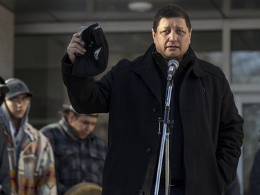 Saskatoon Tribal Council Chief Mark Arcand speaks during a rally for the Boushie family at the Court of Queen's Bench in Saskatoon, SK on Saturday, February 10, 2018.