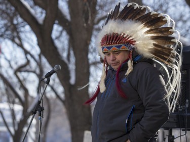 Thunderchild Chief Delbert Wapass speaks during a rally for the Boushie family at the Court of Queen's Bench in Saskatoon, SK on Saturday, February 10, 2018.