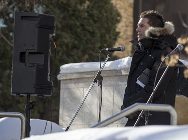 Chris Murphy, Boushie's family lawyer, speaks during a rally for the Boushie family at the Court of Queen's Bench in Saskatoon, SK on Saturday, February 10, 2018.