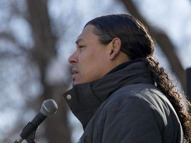 Sheldon Wuttunee, former Chief of Red Pheasant Cree Nation, speaks during a rally for the Boushie family at the Court of Queen's Bench in Saskatoon, SK on Saturday, February 10, 2018.