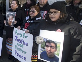A rally in support of Colten Boushie's family is at the Court of Queen's Bench in Saskatoon, February 10, 2018.