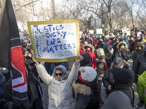 Supporters during a rally for the Boushie family at the Court of Queen's Bench in Saskatoon, SK on Saturday, February 10, 2018.