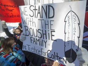 Supporters during a rally for the Boushie family at the Court of Queen's Bench in Saskatoon, SK on Saturday, February 10, 2018.