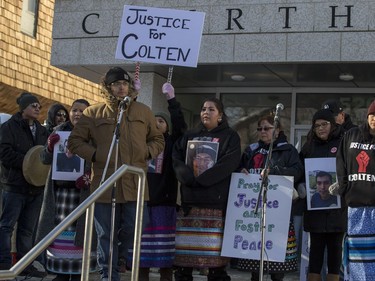 Supporters during a rally for the Boushie family at the Court of Queen's Bench in Saskatoon, SK on Saturday, February 10, 2018.