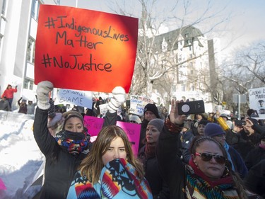 Supporters during a rally for the Boushie family at the Court of Queen's Bench in Saskatoon, SK on Saturday, February 10, 2018.