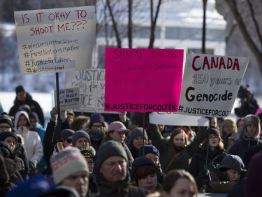 Supporters during a rally for the Boushie family at the Court of Queen's Bench in Saskatoon, SK on Saturday, February 10, 2018.