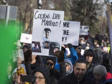 Supporters during a rally for the Boushie family at the Court of Queen's Bench in Saskatoon, SK on Saturday, February 10, 2018.