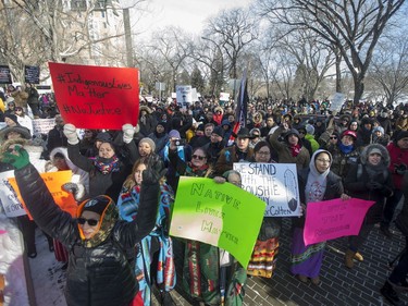 Supporters during a rally for the Boushie family at the Court of Queen's Bench in Saskatoon, SK on Saturday, February 10, 2018.