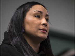Jade Tootoosis, cousin of Colten Boshie, speaks during a press conference in the hours after Gerald Stanley was acquitted in the 2016 shooting death of Colten Boushie