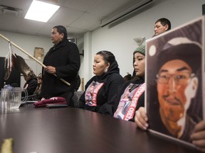 Alvin Baptiste, uncle of Colten Boushie, speaks during a media event regarding the verdict in the death of Colten Boushie at the White Buffalo Youth Lodge in Saskatoon, February 10, 2018.