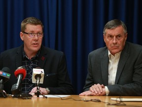 Premier Scott Moe and Justice Minister Don Morgan hold a press conference in response to the Stanley trial verdict at the Saskatoon Cabinet Office in Saskatoon, SK on February 12, 2018.