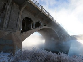 Steam coming off of the river creates a picturesque scene of the university bridge in Saskatoon on February 21, 2018.