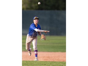 Devon Farrell, of the Saskatoon Cubs, throws the ball during a Saskatchewan Premier Baseball League game at Cairns Field in Saskatoon on Thursday, July 6, 2017.