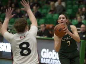 Huskies guard Megan Ahlstrom goes to shoot the ball during the game at the Ron and Jane Graham Court in Saskatoon, SK on Friday, February 16, 2018.
