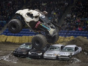 The 10,000 Pound Hound crushes a line of cars during the Ram Motorsports Spectacular at SaskTel Centre in Saskatoon, SK on Saturday, February 17, 2018.