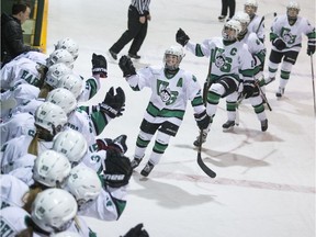 The U of S Huskies women's hockey team celebrates a goal Friday.