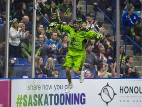 Saskatchewan's Jeff Shattler celebrates one of his two goals Saturday night at SaskTel Centre.