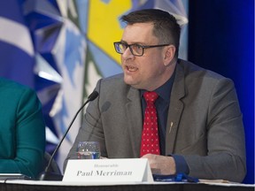 Saskatchewan Party cabinet minister Paul Merriman speaks during a question and answer session with members of the Saskatchewan Urban Municipalities Association meeting at the Queensbury Convention Centre.