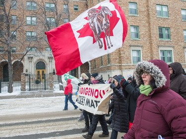 Protesters march along Victoria Avenue on Feb. 10, 2018, the day after Gerald Stanley was acquitted of all charges relating to the shooting death of Colten Boushie.