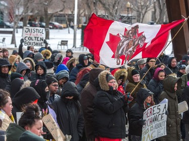 Protestors gather near Victoria Park on Feb. 10, 2018, the day after Gerald Stanley was acquitted of all charges relating to the shooting death of Colten Boushie.