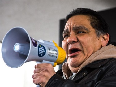 Walter Red Thunder of Red Pheasant First Nation addresses a crowd of protestors on Feb. 10, 2018, outside of Regina's Queen's Bench Court, the day after Gerald Stanley was acquitted of all charges relating to the shooting death of Colten Boushie.