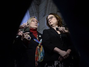 Minister of Crown-Indigenous Relations and Northern Affairs Carolyn Bennett, left, and Minister of Indigenous Services Jane Philpott speak to reporters after meetings with the family of Colten Boushie, in the Foyer of the House of Commons on Parliament Hill in Ottawa on Monday, Feb. 12, 2018. Prime minister Justin Trudeau will meet with the family of Colten Boushie in the angry aftermath of a not-guilty verdict in the First Nation man's shooting death in 2016.THE CANADIAN PRESS/Justin Tang