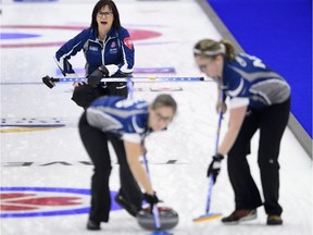 Nova Scotia skip Mary-Anne Arsenault calls the sweep after throwing while taking on Manitoba at the Scotties Tournament of Hearts in Penticton, B.C., on Monday, Jan. 29, 2018.