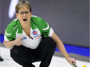 Saskatchewan skip Sherry Anderson calls the sweep while taking on the wild card team at the Scotties Tournament of Hearts in Penticton, B.C., on Monday, Jan. 29, 2018.