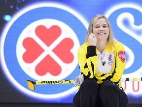Manitoba skip Jennifer Jones takes on the Wild Card team during the finals at the Scotties Tournament of Hearts in Penticton, B.C., on Sunday, Feb. 4, 2018.