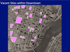 This City of Saskatoon graphic shows vacant sites within the downtown area that could be targeted for development. City council's planning, development and community services committee discussed incentive for downtown development at its Monday, Feb. 12, 2018 meeting. (City of Saskatoon)