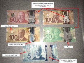 Saskatoon police distributed this handout image of counterfeit Canadian bank notes that have been turned in to police since early January, 2018. As of Wednesday, 72 fake bills had been turned in.