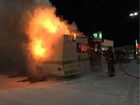 The Saskatoon Fire Department responds to a motorhome fire in the parking lot of Walmart at 3035 Clarence Avenue in Saskatoon on Sunday, Feb. 4, 2018. (Saskatoon Fire Department photo)