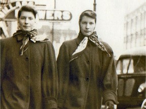 Jean (left) and Joan Louden on Saskatoon's 2nd Avenue during the winter of 1954-55 (JOAN SINCLAIR)