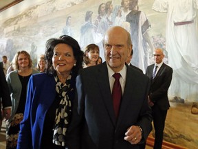 President Russell M. Nelson leaves with his wife Wendy Nelson following a news conference announcing his new leadership in the wake of the death of President Thomas S. Monson Tuesday, Jan. 16, 2018, in Salt Lake City.