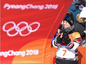 Laurie Blouin of Canada looks on during the women's snowboard slopestyle final at the Phoenix Snow Park at the 2018 Winter Olympic Games in Pyeongchang, South Korea, Monday, Feb. 12, 2018.