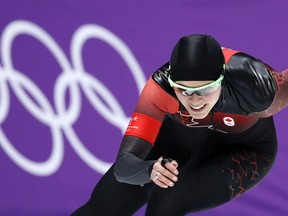 Marsha Hudey of Canada competes during the women's 500 meters speedskating race at the Gangneung Oval at the 2018 Winter Olympics in Gangneung, South Korea, Sunday, Feb. 18, 2018.