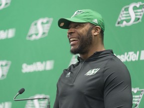 Saskatchewan Roughriders defensive end Charleston Hughes speaks to media at Mosaic Stadium on Feb. 7, 2018.