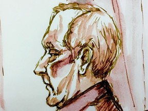 Gerald Stanley listens in court during his trial in this courtroom sketch in North Battleford, Sask., on Thursday, Feb. 1, 2018.