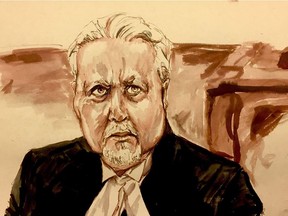 Defence attorney Scott Spencer listens in court during the trial of Gerald Stanley in this courtroom sketch in North Battleford, Sask., on Thursday, Feb. 1, 2018.