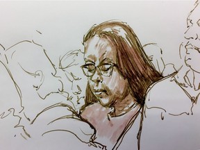 Colten Boushie's mother Debbie Baptiste is shown in court during the trial of Gerald Stanley in this courtroom sketch in North Battleford, Sask., on Thursday, Feb. 1, 2018.