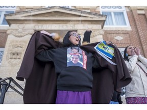 Debbie Baptiste, the mother of Colten Boushie, leaves Battleford Court of Queen's Bench on Feb. 5, 2018, during the trial of Gerald Stanley, the farmer accused of killing Boushie on Aug. 9, 2016.