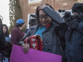 Debbie Baptiste, the mother of Colten Boushie, leaves Battleford Court of Queen's Bench on February 8, 2018.